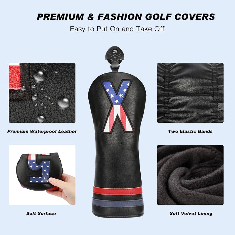 PONADA Golf Head Covers, 4pcs or 1pc USA Stars and Stripes Golf Club Covers for Woods and Driver Fairway Hybrid, PU Leather Golf Club Head Covers for Men Women with Interchangeable Tags, Fits Most Golf Clubs - Image 2